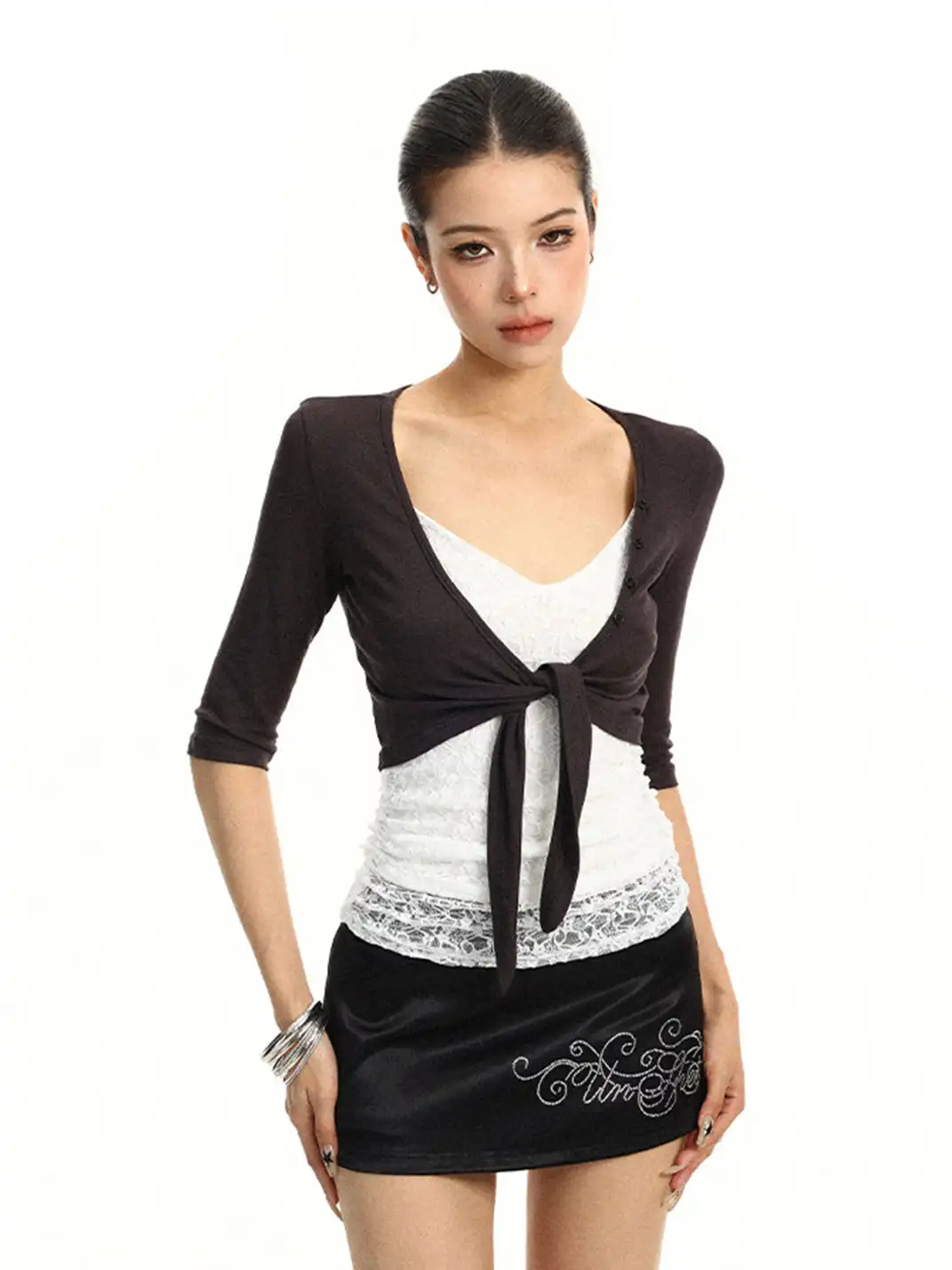 BIGGOLD | Lace-up Cardigan Three-Quarter Sleeve Layered Top