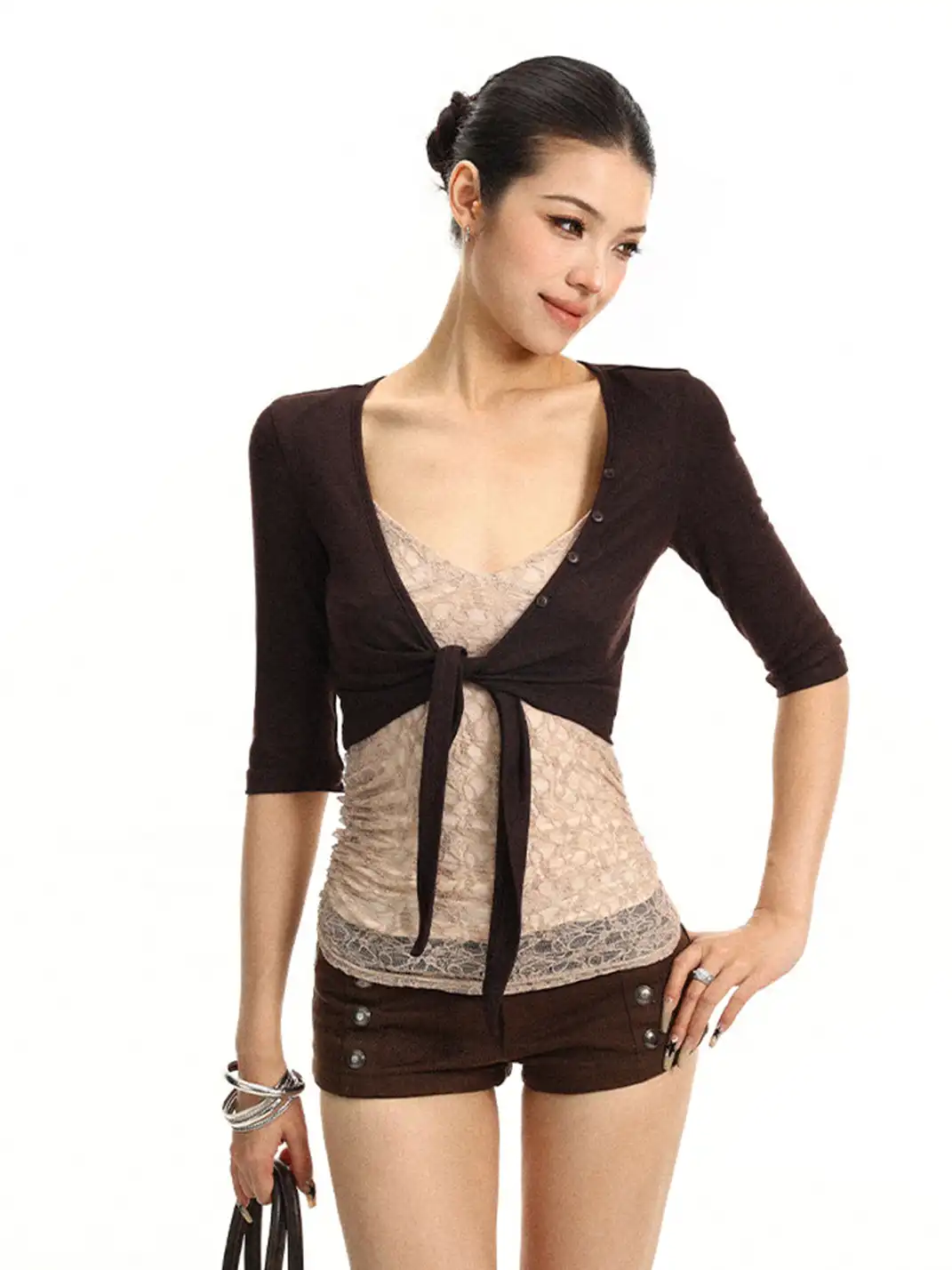 BIGGOLD | Lace-up Cardigan Three-Quarter Sleeve Layered Top