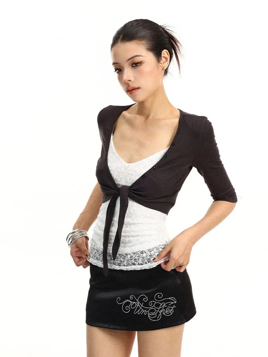 BIGGOLD | Lace-up Cardigan Three-Quarter Sleeve Layered Top