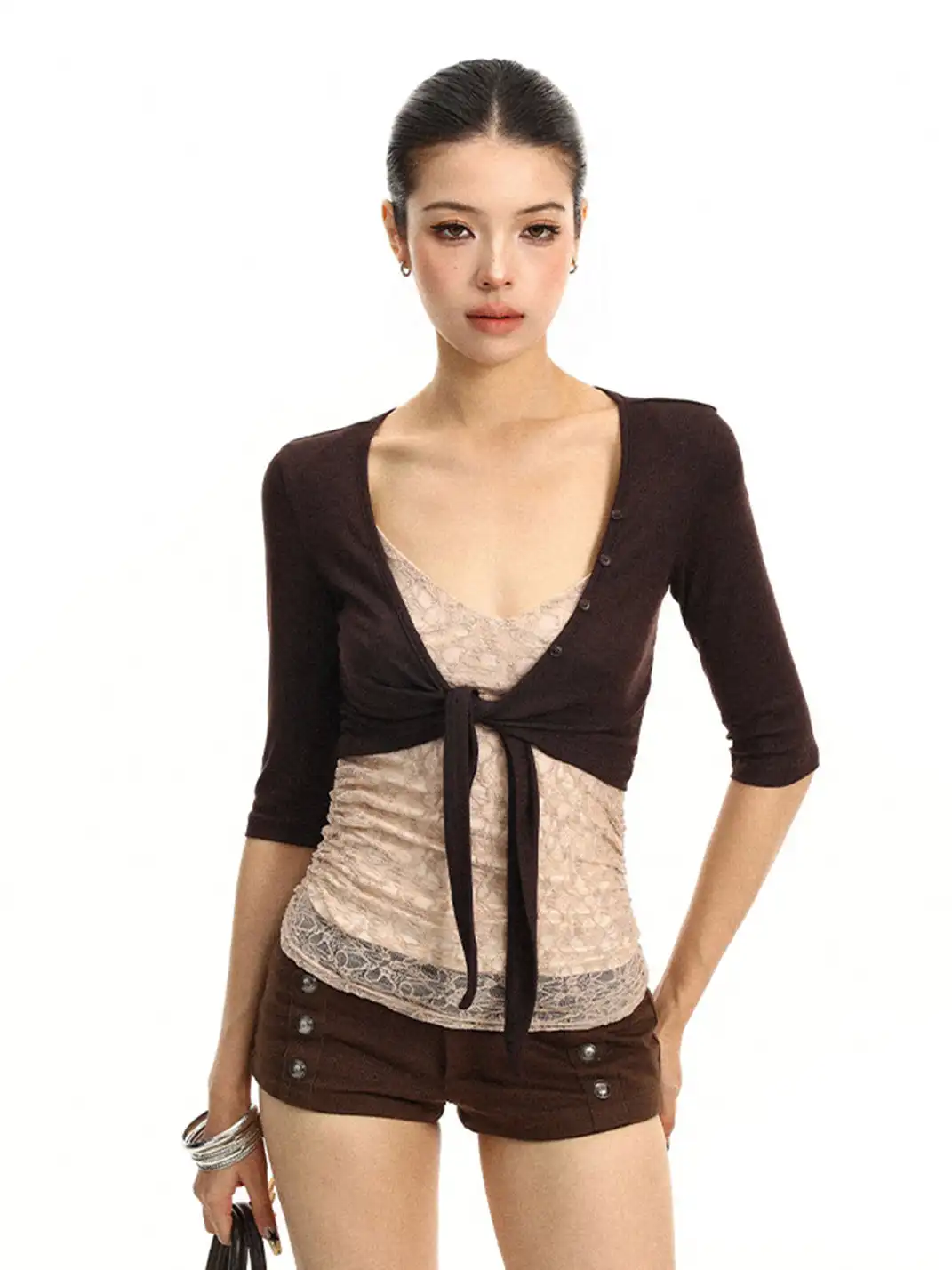 BIGGOLD | Lace-up Cardigan Three-Quarter Sleeve Layered Top