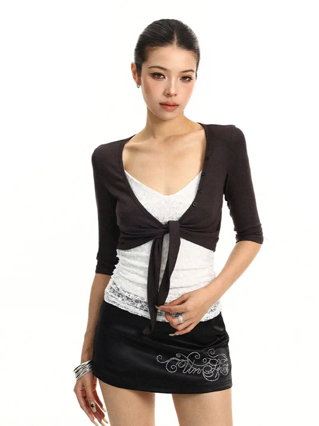 BIGGOLD | Lace-up Cardigan Three-Quarter Sleeve Layered Top