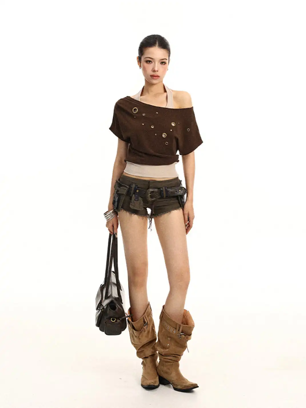 BIGGOLD | Asymmetrical Shoulder Metal Buckle Fake Two-Piece T-Shirt