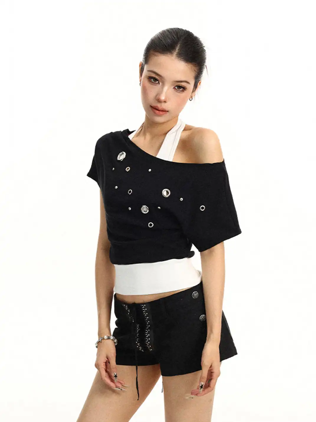 BIGGOLD | Asymmetrical Shoulder Metal Buckle Fake Two-Piece T-Shirt