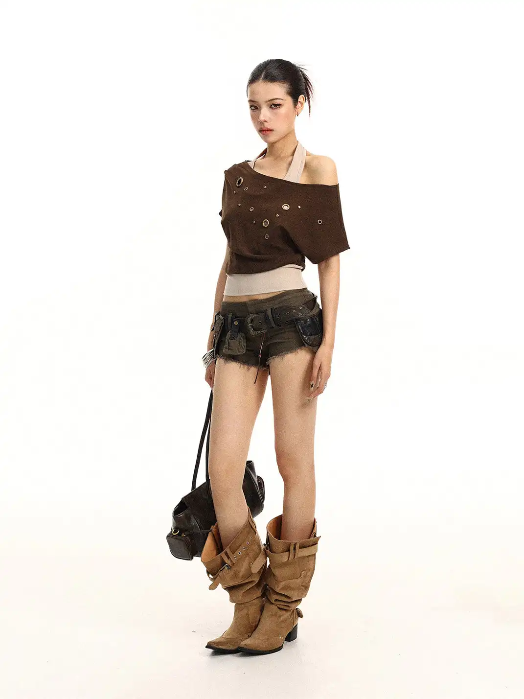 BIGGOLD | Asymmetrical Shoulder Metal Buckle Fake Two-Piece T-Shirt