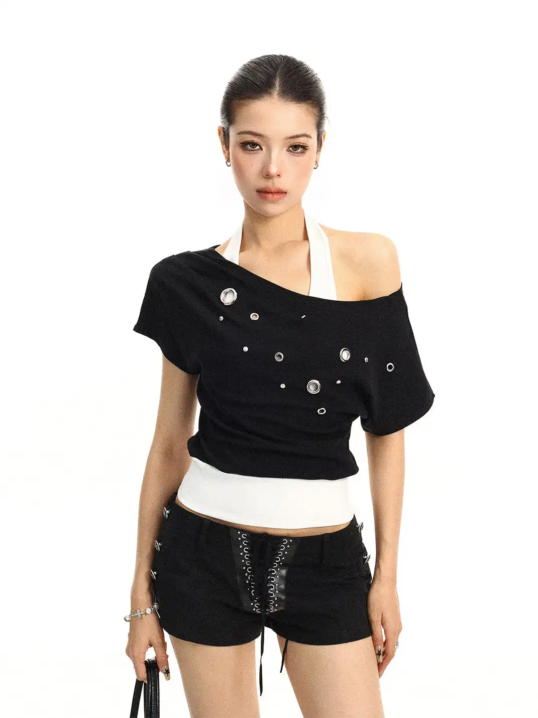 BIGGOLD | Asymmetrical Shoulder Metal Buckle Fake Two-Piece T-Shirt