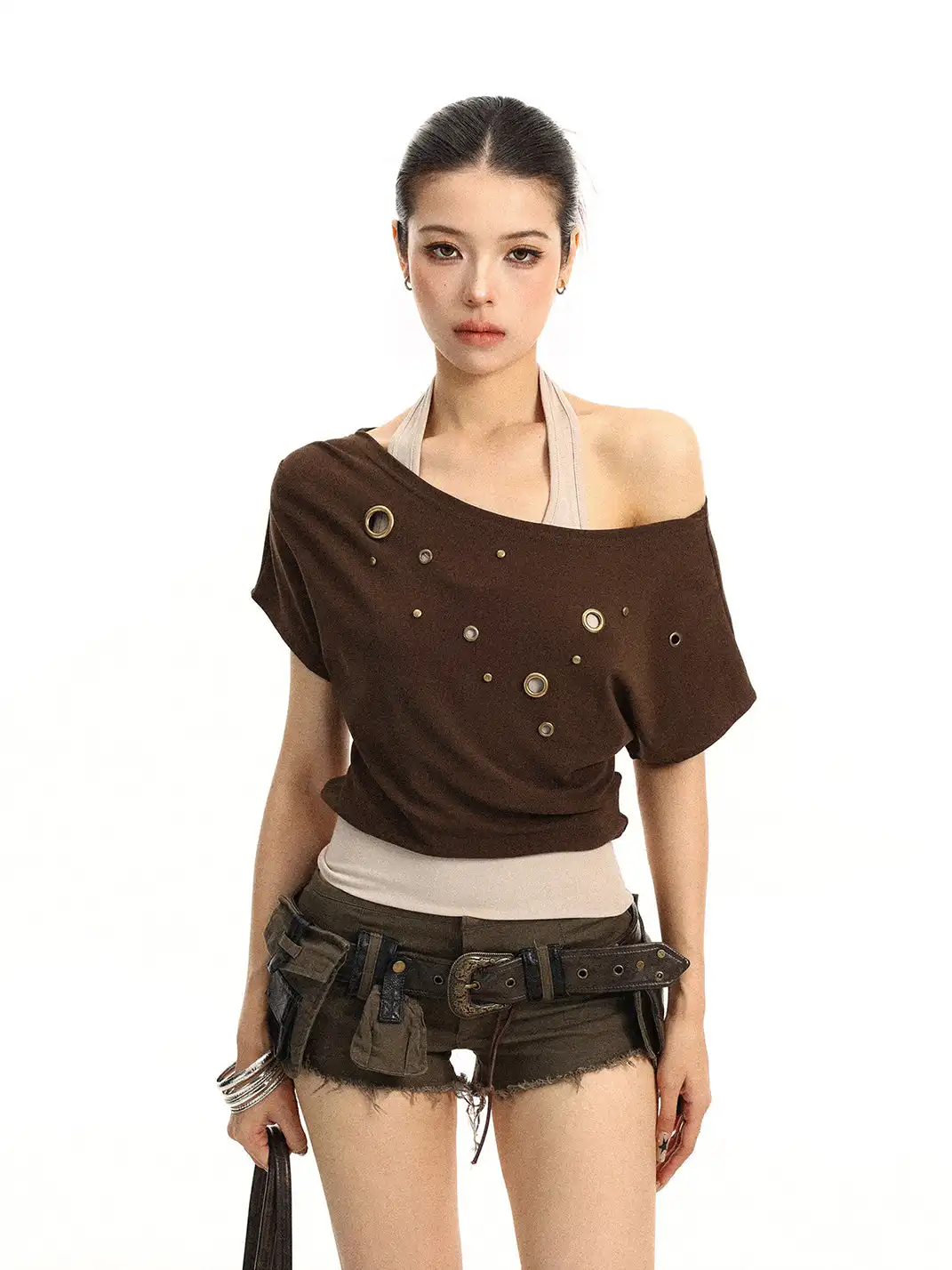 BIGGOLD | Asymmetrical Shoulder Metal Buckle Fake Two-Piece T-Shirt