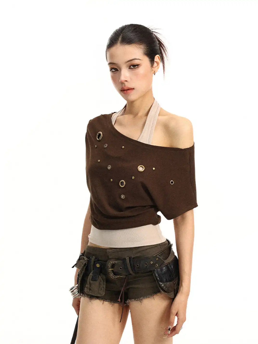 BIGGOLD | Asymmetrical Shoulder Metal Buckle Fake Two-Piece T-Shirt