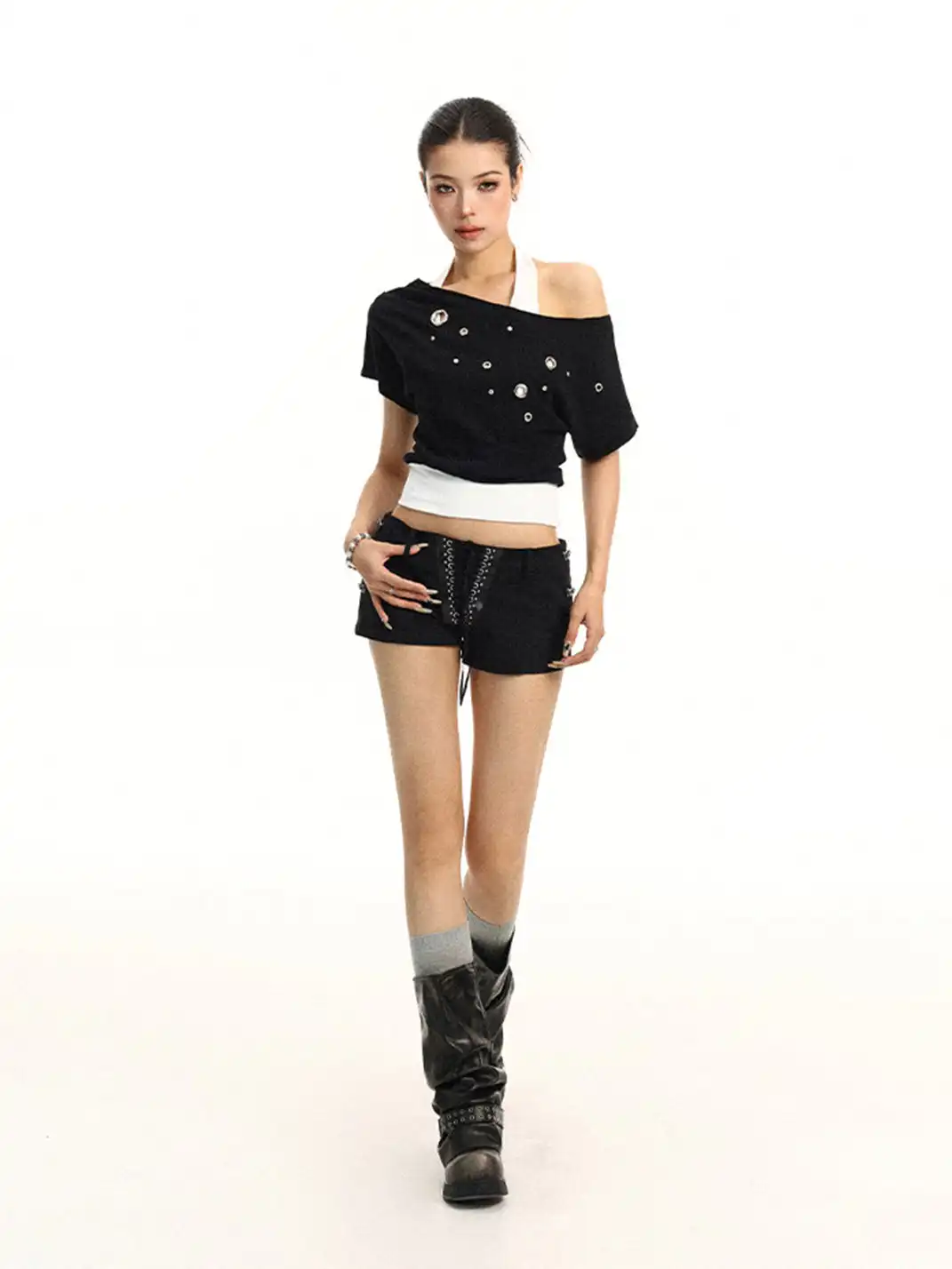 BIGGOLD | Asymmetrical Shoulder Metal Buckle Fake Two-Piece T-Shirt