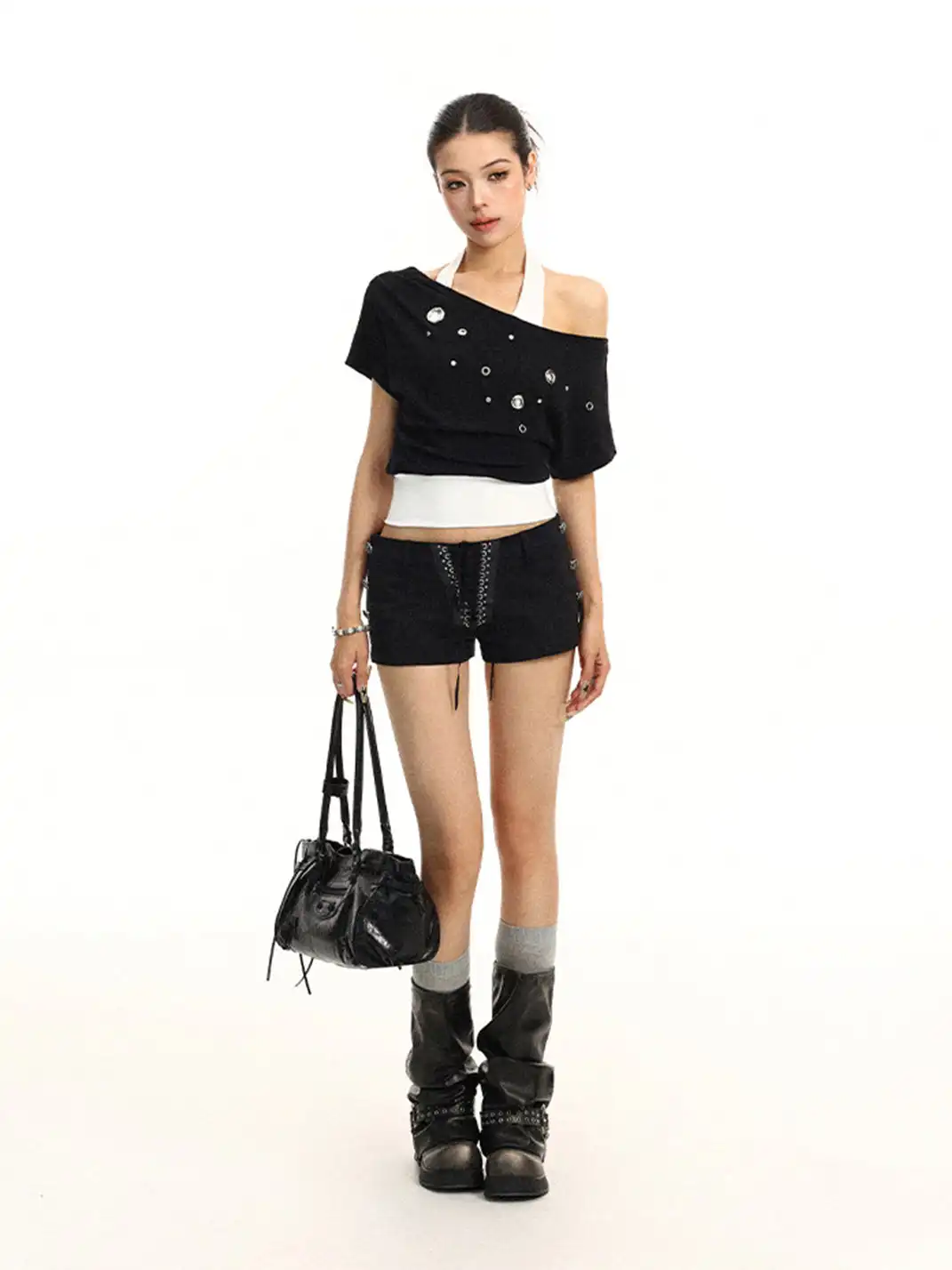 BIGGOLD | Asymmetrical Shoulder Metal Buckle Fake Two-Piece T-Shirt