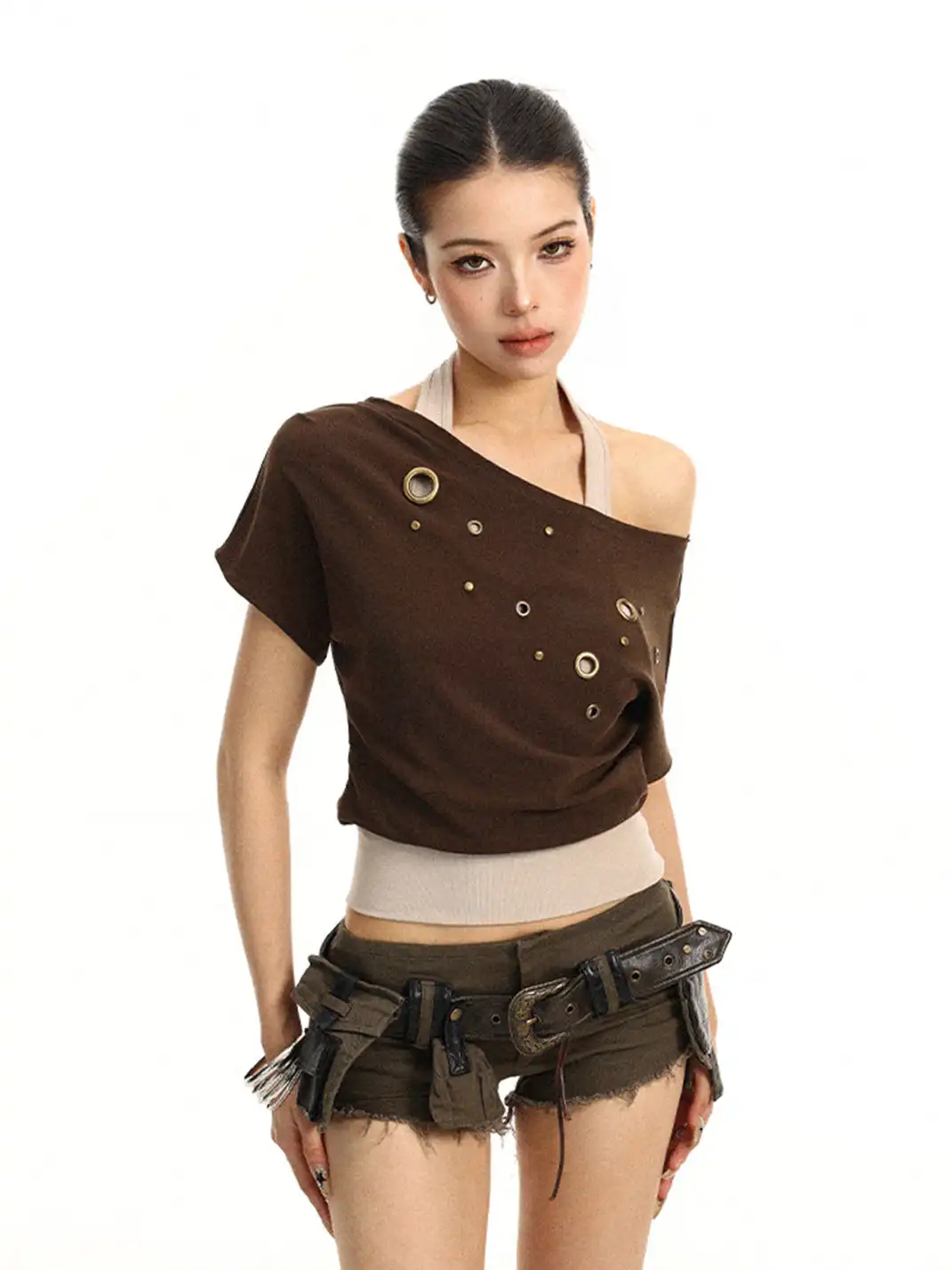 BIGGOLD | Asymmetrical Shoulder Metal Buckle Fake Two-Piece T-Shirt