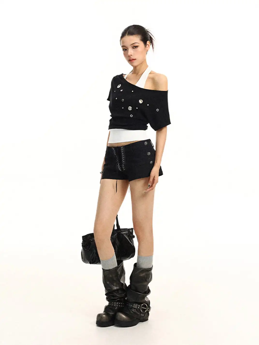 BIGGOLD | Asymmetrical Shoulder Metal Buckle Fake Two-Piece T-Shirt