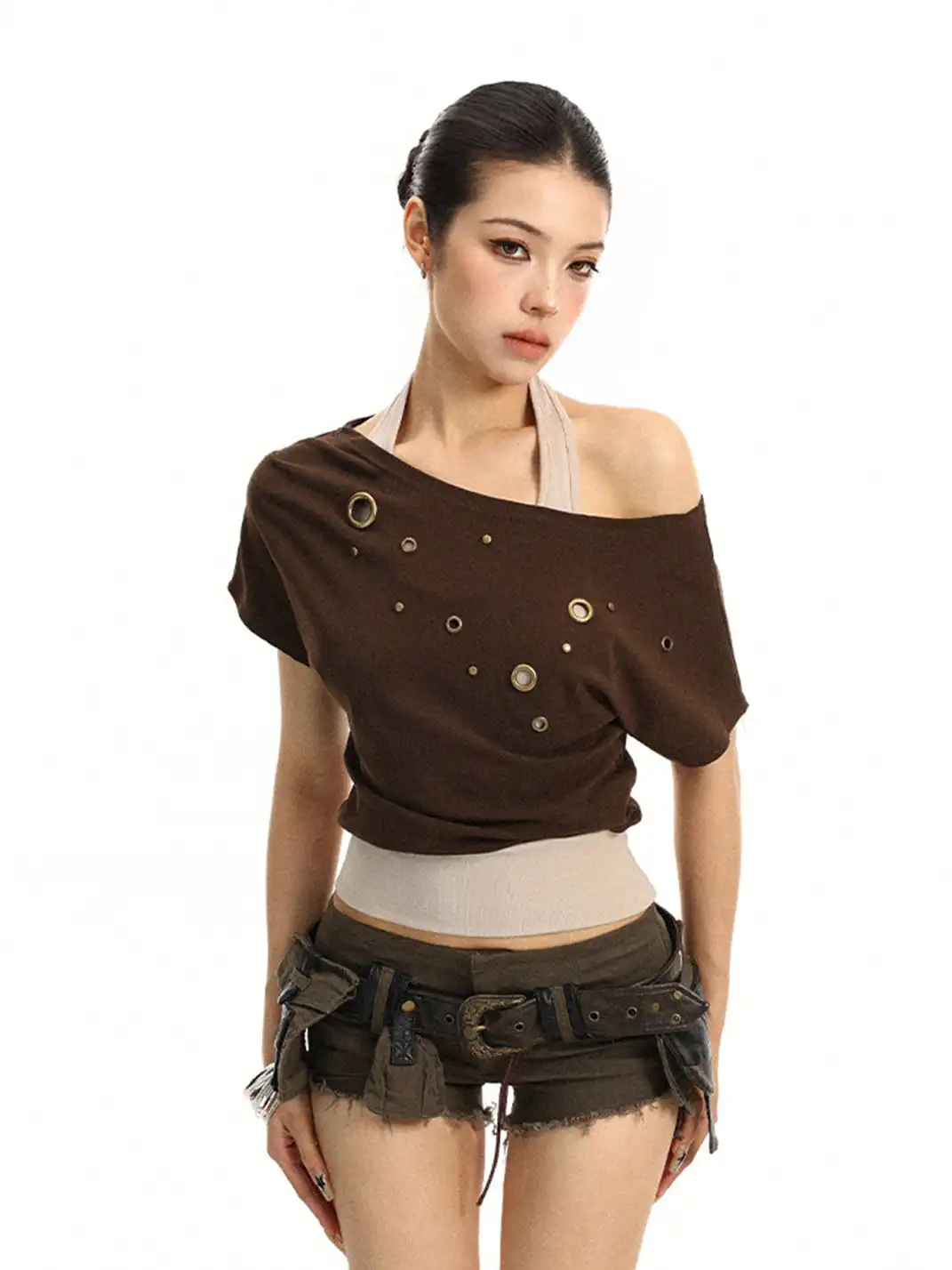 BIGGOLD | Asymmetrical Shoulder Metal Buckle Fake Two-Piece T-Shirt