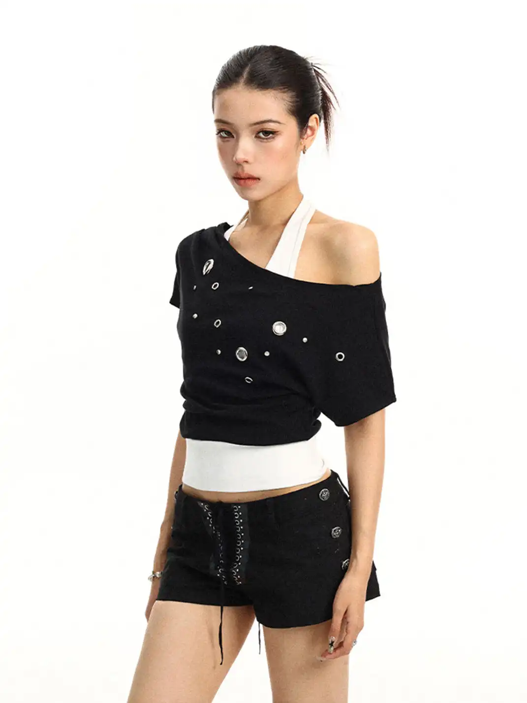 BIGGOLD | Asymmetrical Shoulder Metal Buckle Fake Two-Piece T-Shirt