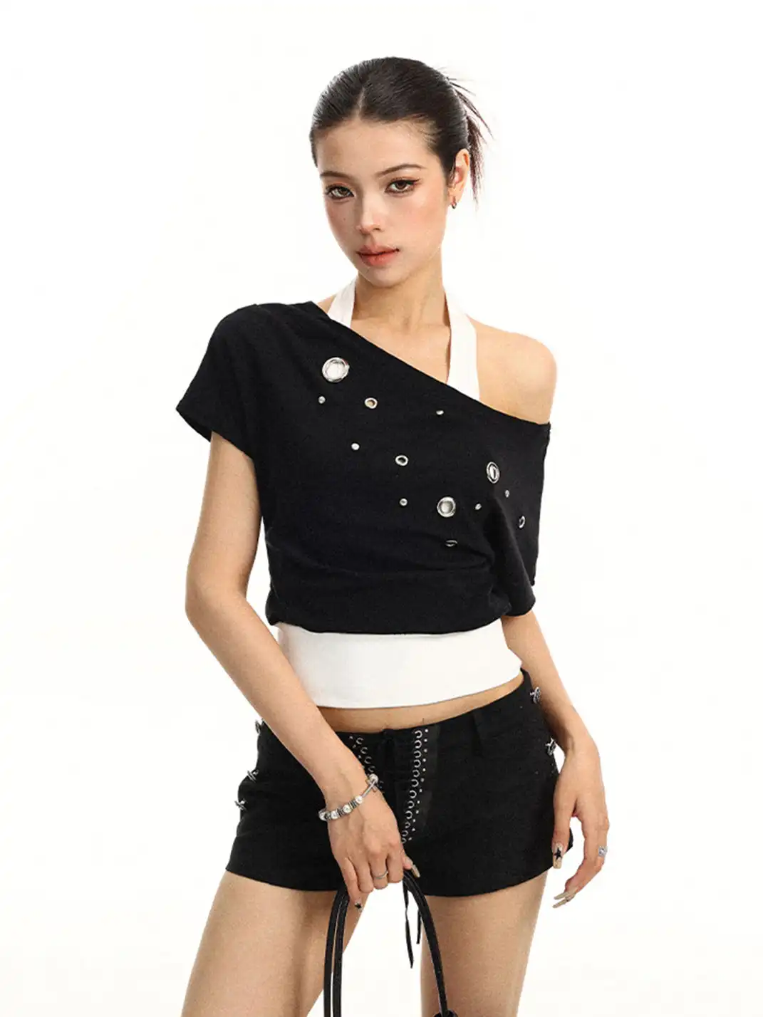BIGGOLD | Asymmetrical Shoulder Metal Buckle Fake Two-Piece T-Shirt