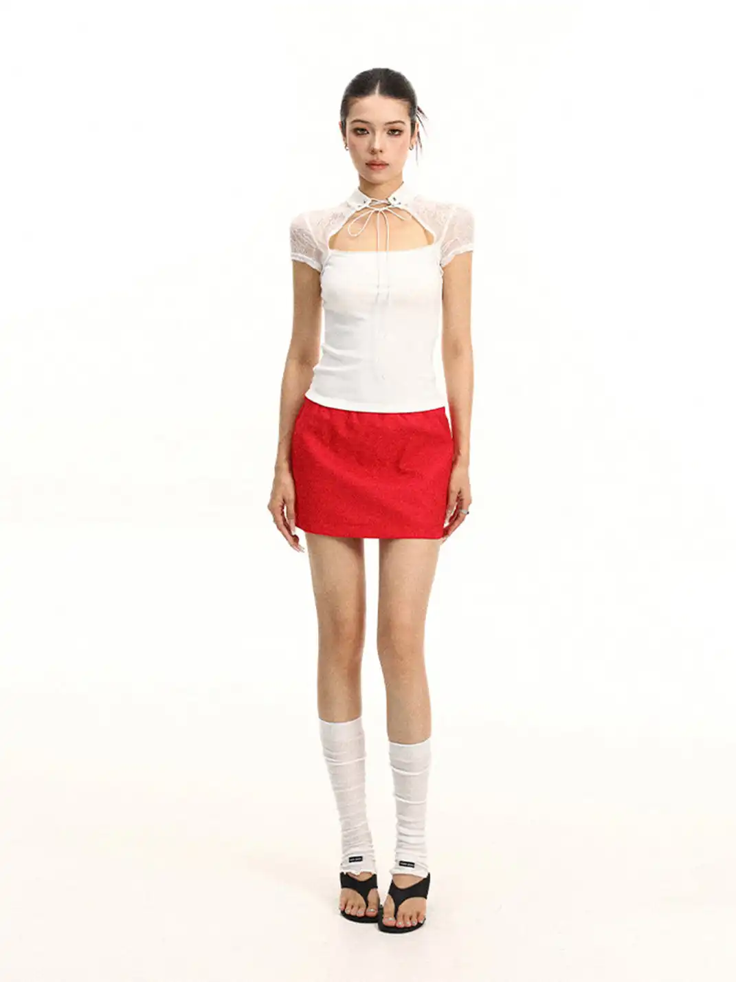 BIGGOLD | Stand Collar Lace Spliced T-Shirt With Tie