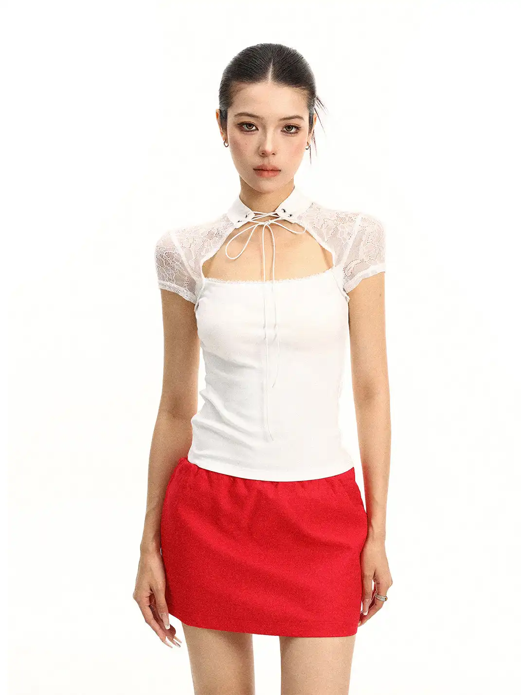 BIGGOLD | Stand Collar Lace Spliced T-Shirt With Tie