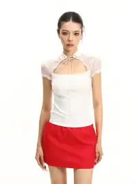 BIGGOLD | Stand Collar Lace Spliced T-Shirt With Tie
