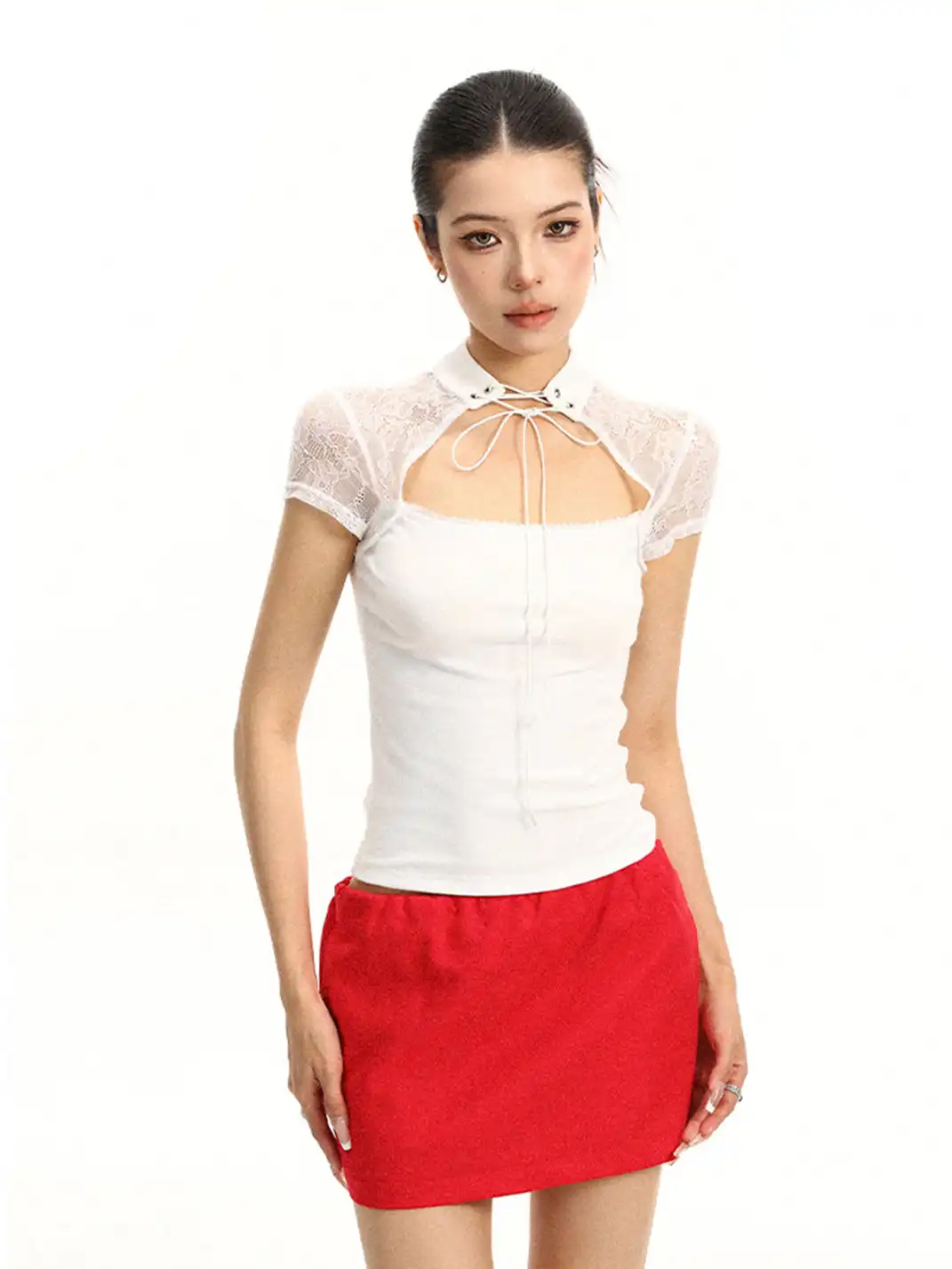 BIGGOLD | Stand Collar Lace Spliced T-Shirt With Tie