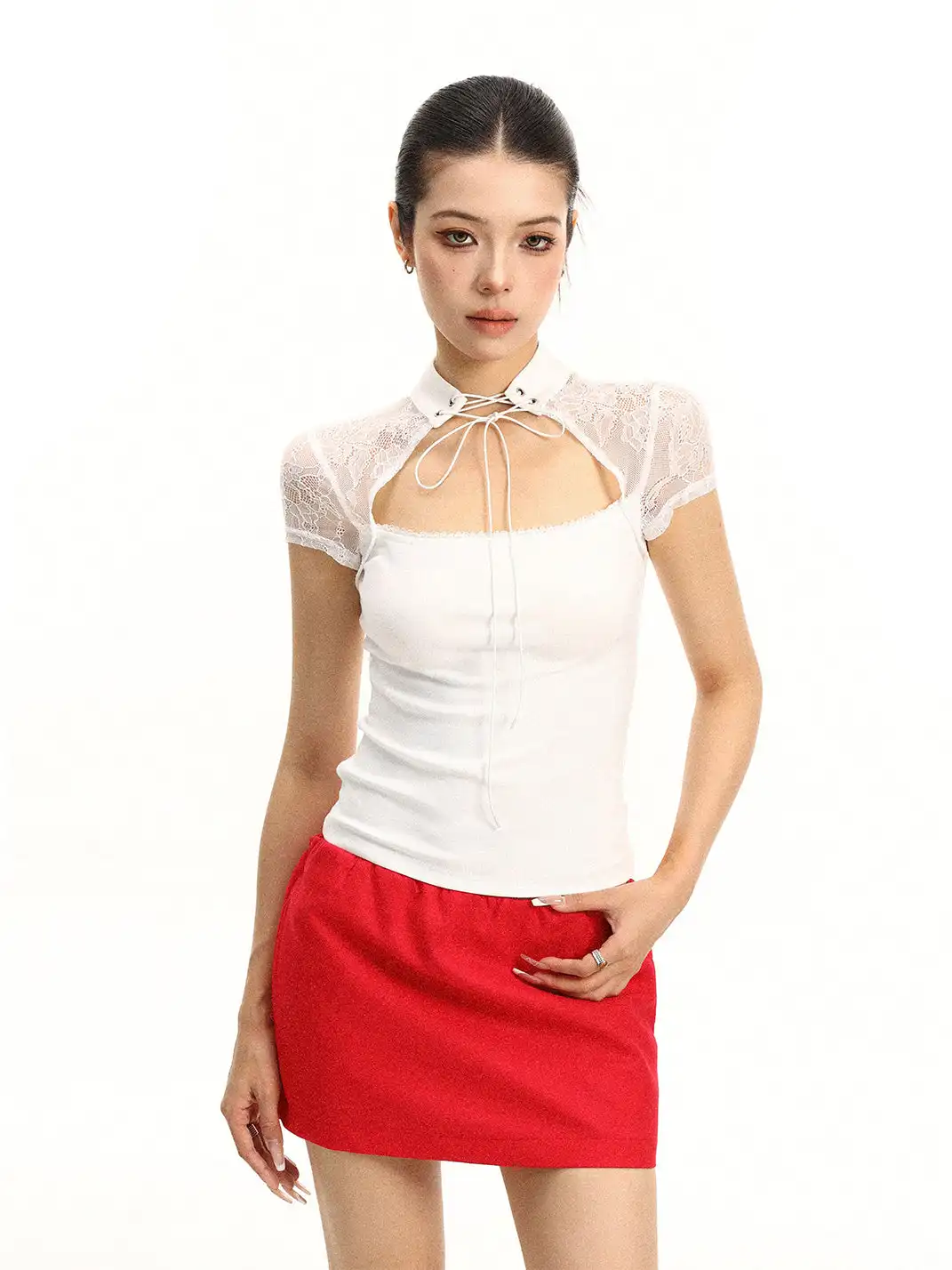 BIGGOLD | Stand Collar Lace Spliced T-Shirt With Tie