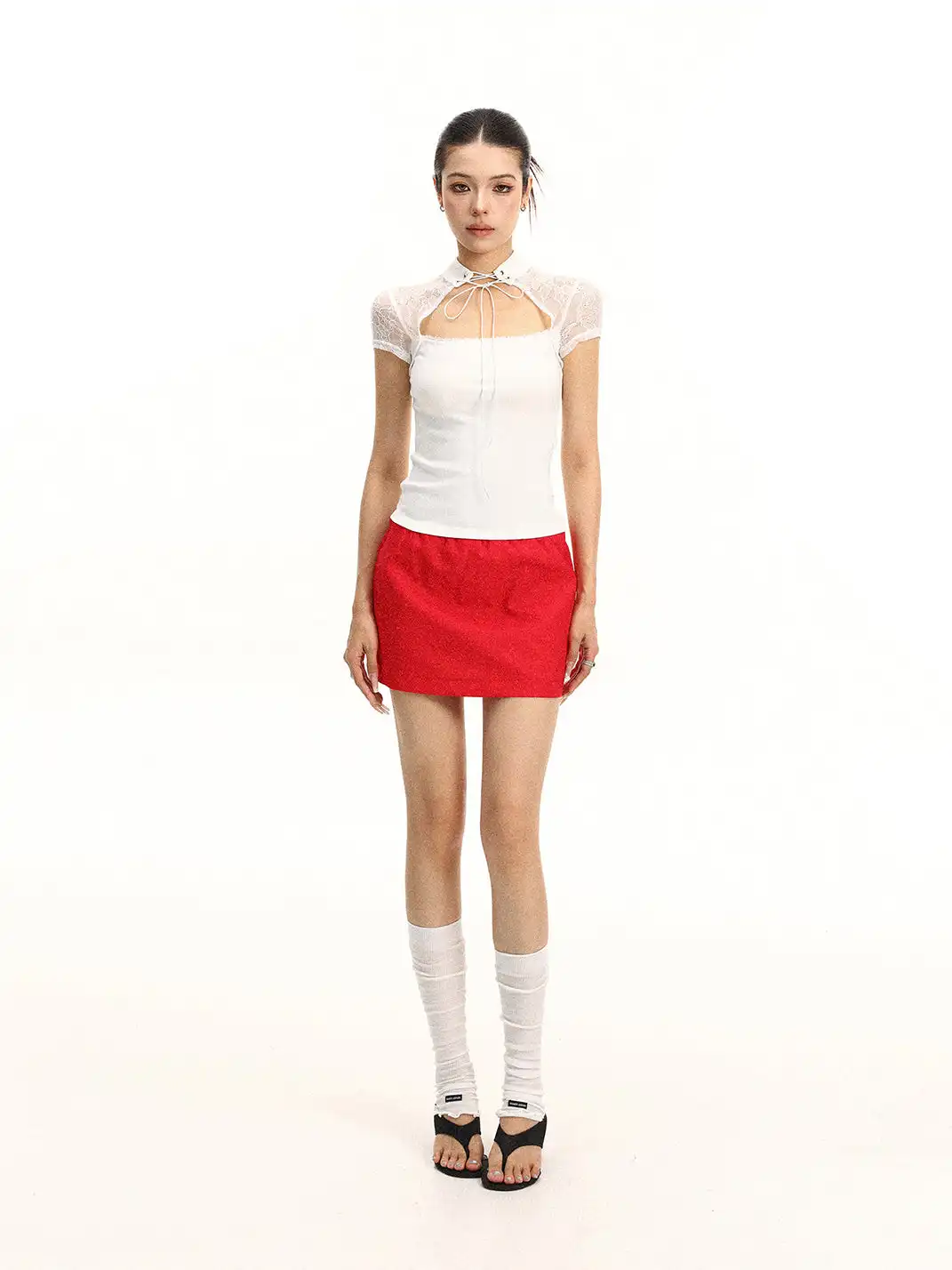BIGGOLD | Stand Collar Lace Spliced T-Shirt With Tie