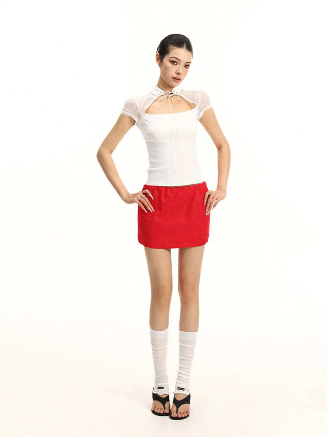 BIGGOLD | Stand Collar Lace Spliced T-Shirt With Tie