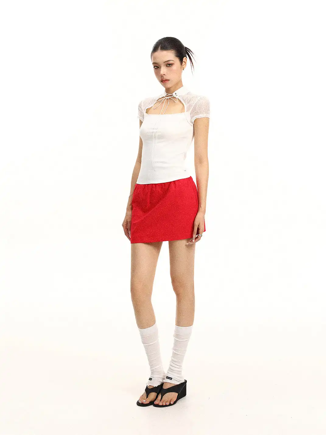 BIGGOLD | Stand Collar Lace Spliced T-Shirt With Tie