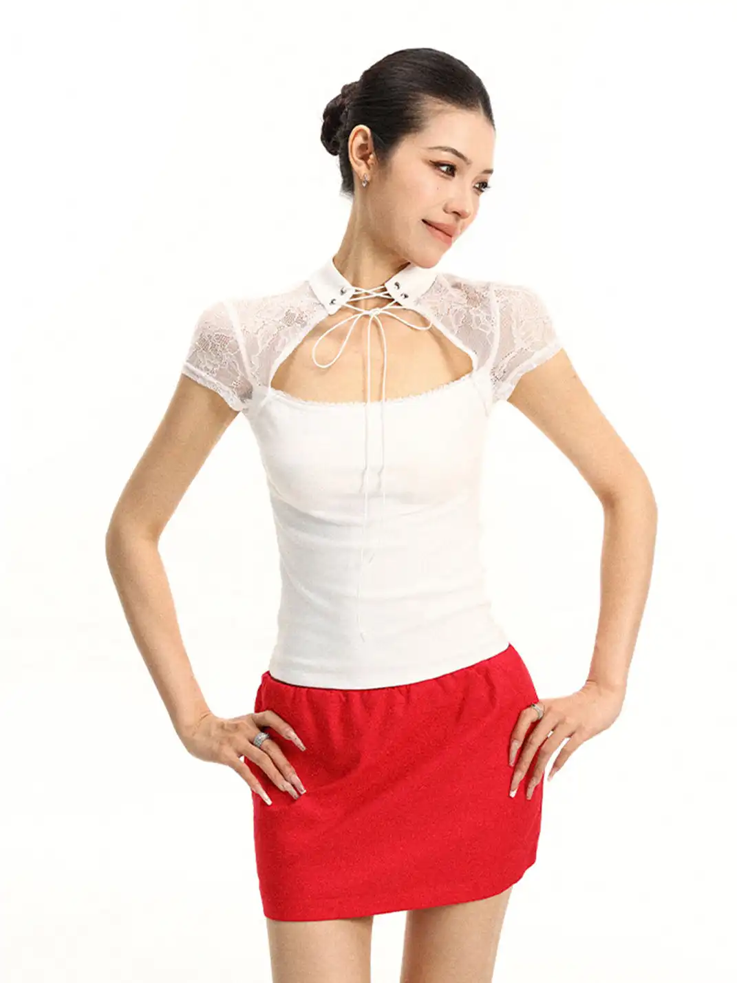 BIGGOLD | Stand Collar Lace Spliced T-Shirt With Tie