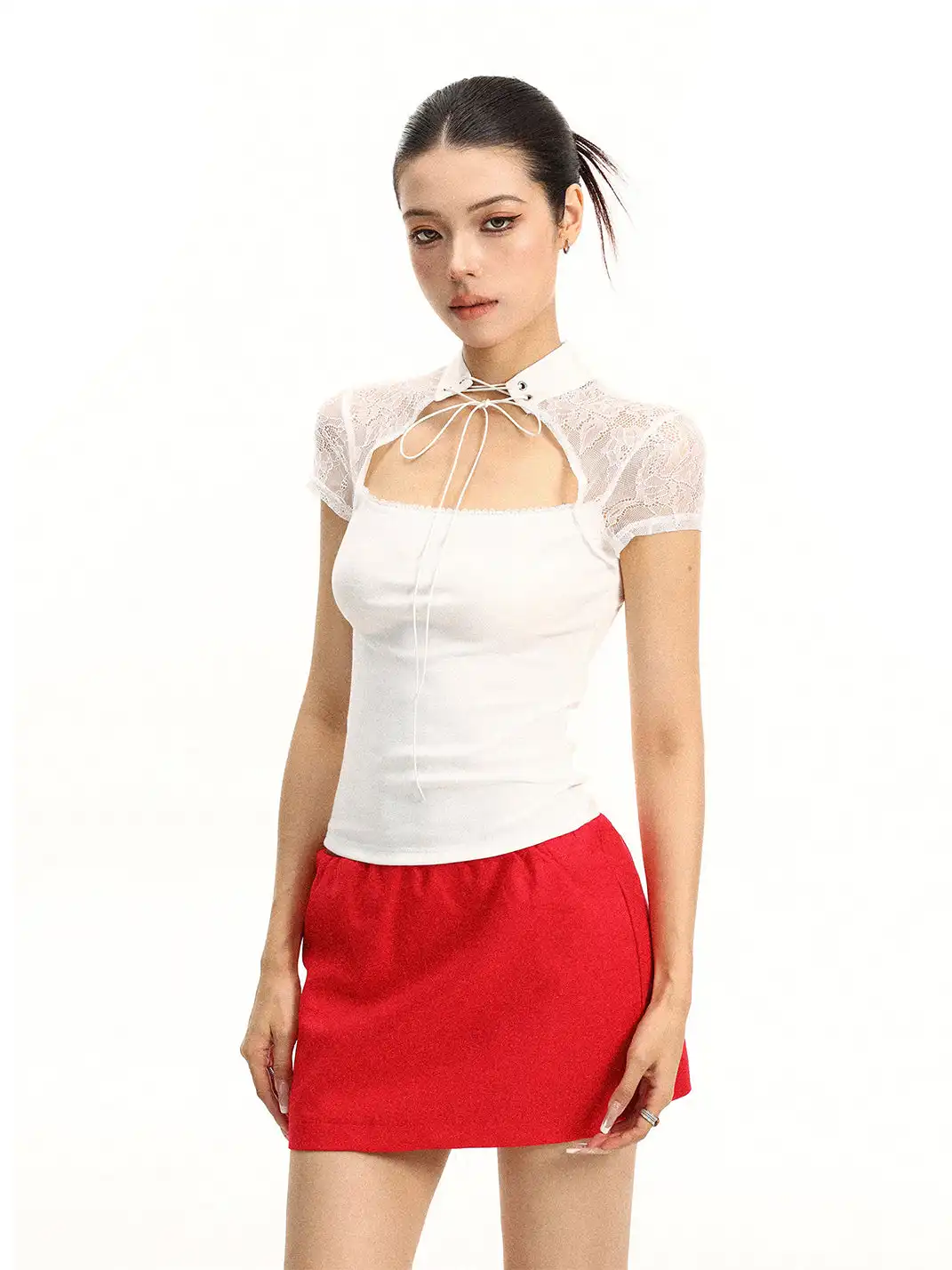 BIGGOLD | Stand Collar Lace Spliced T-Shirt With Tie