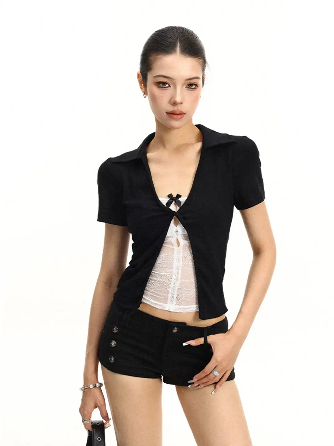BIGGOLD | V-Neck Fake Two-Piece Lace Spliced T-Shirt