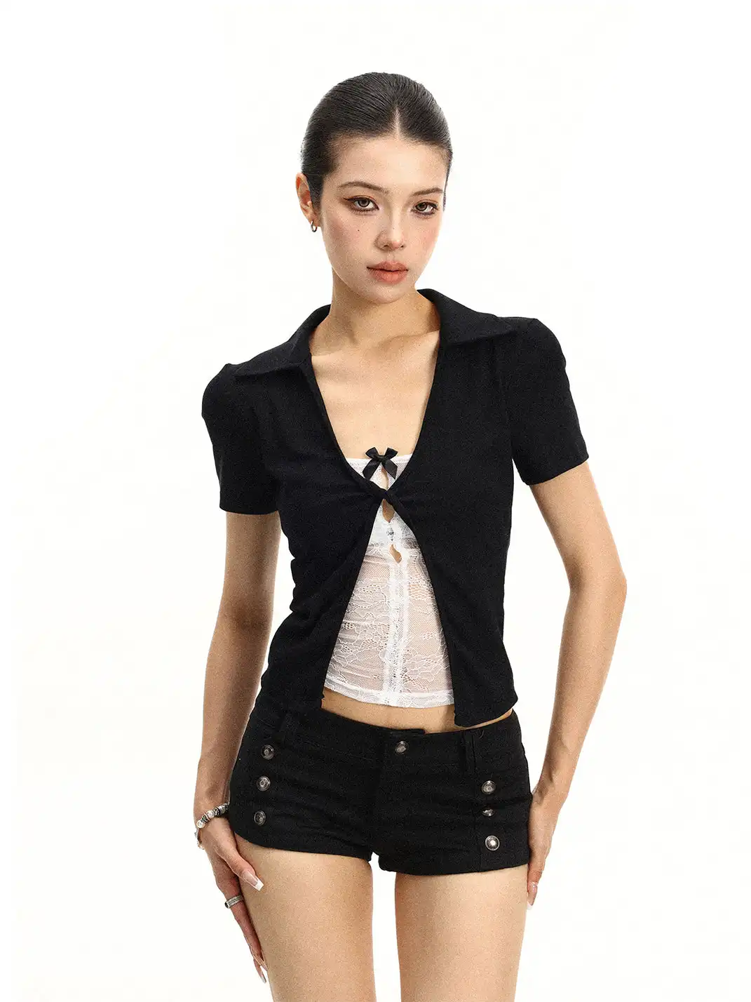 BIGGOLD | V-Neck Fake Two-Piece Lace Spliced T-Shirt