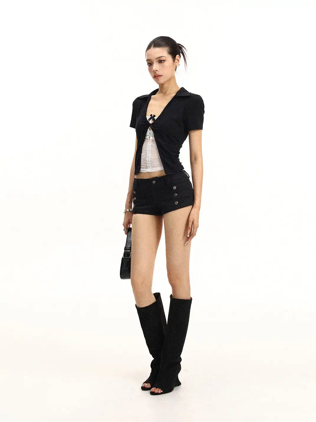 BIGGOLD | V-Neck Fake Two-Piece Lace Spliced T-Shirt