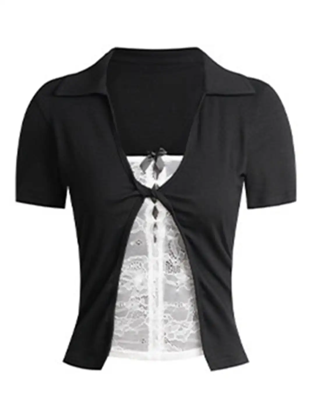 BIGGOLD | V-Neck Fake Two-Piece Lace Spliced T-Shirt