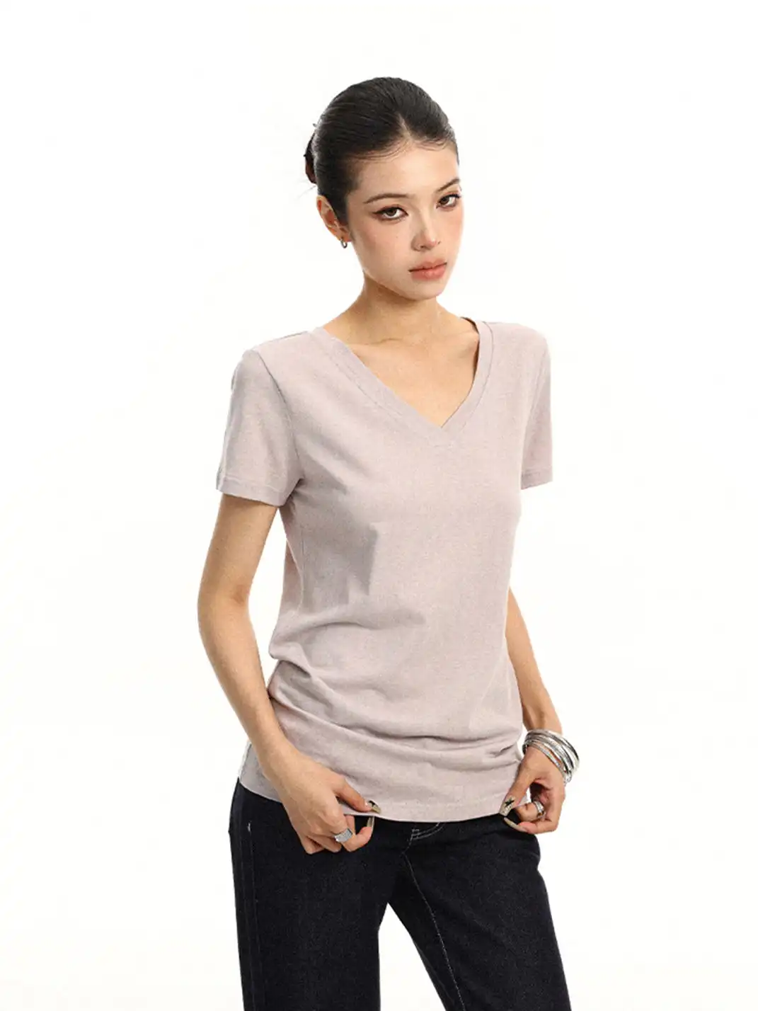 BIGGOLD | Solid Color V-Neck Regular Shoulder T-Shirt
