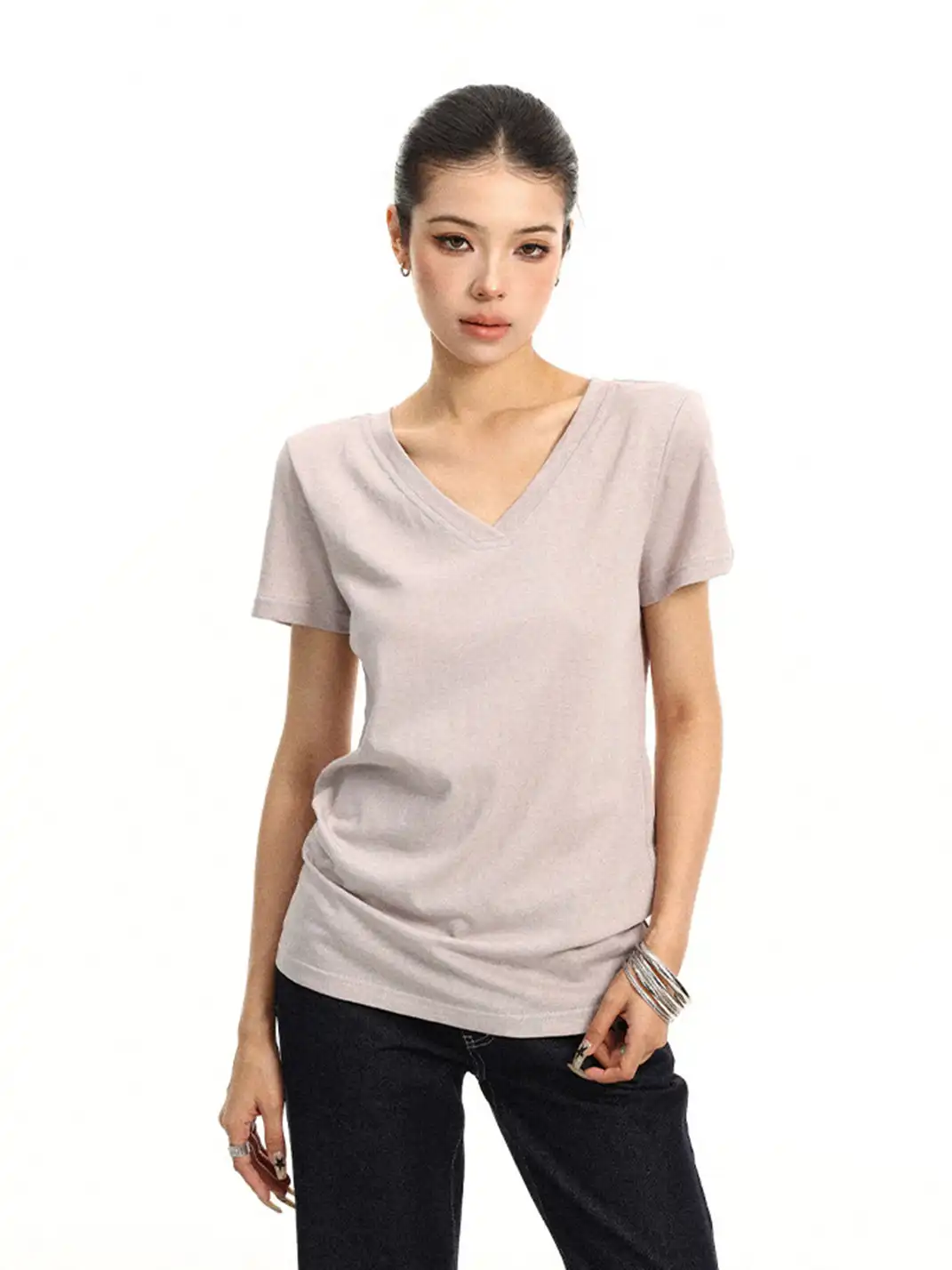 BIGGOLD | Solid Color V-Neck Regular Shoulder T-Shirt