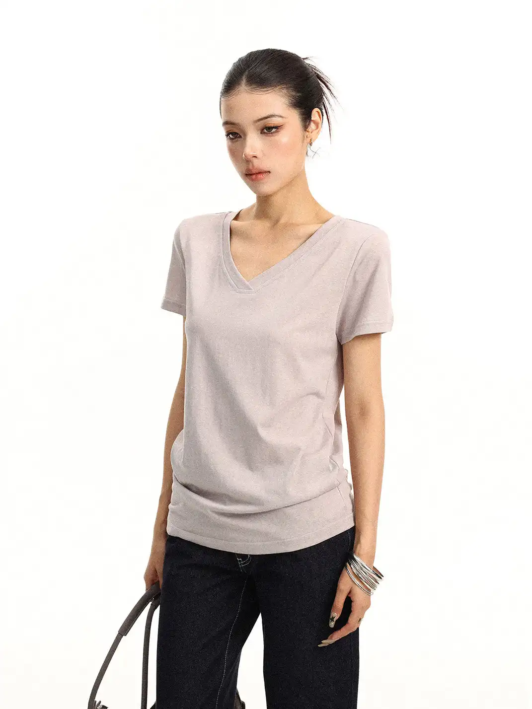 BIGGOLD | Solid Color V-Neck Regular Shoulder T-Shirt