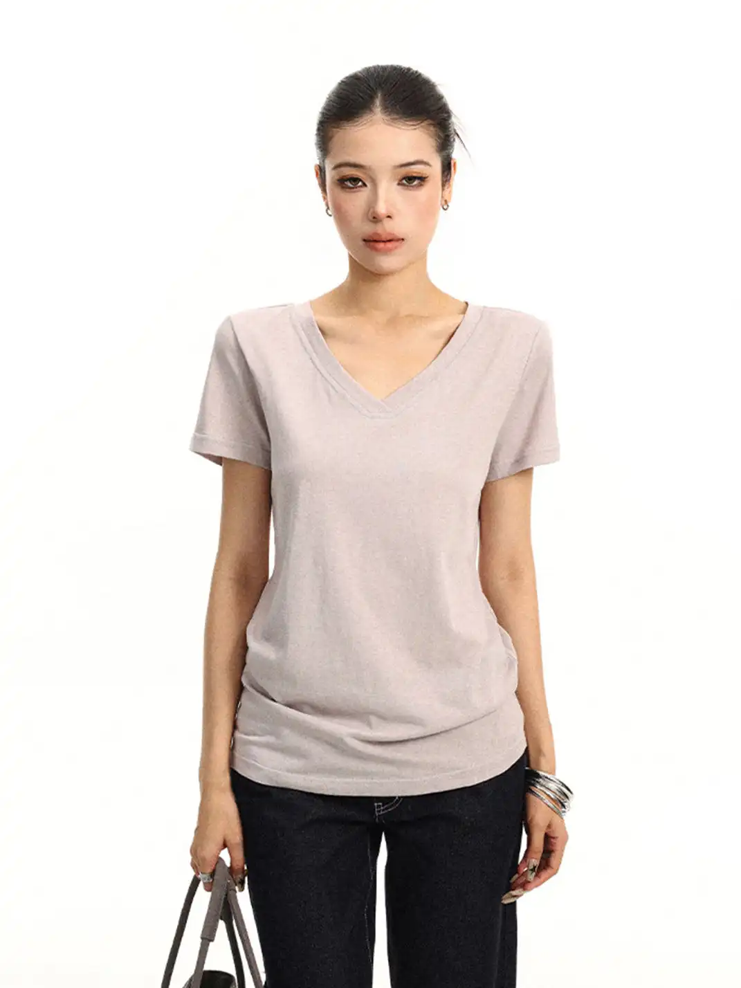 BIGGOLD | Solid Color V-Neck Regular Shoulder T-Shirt