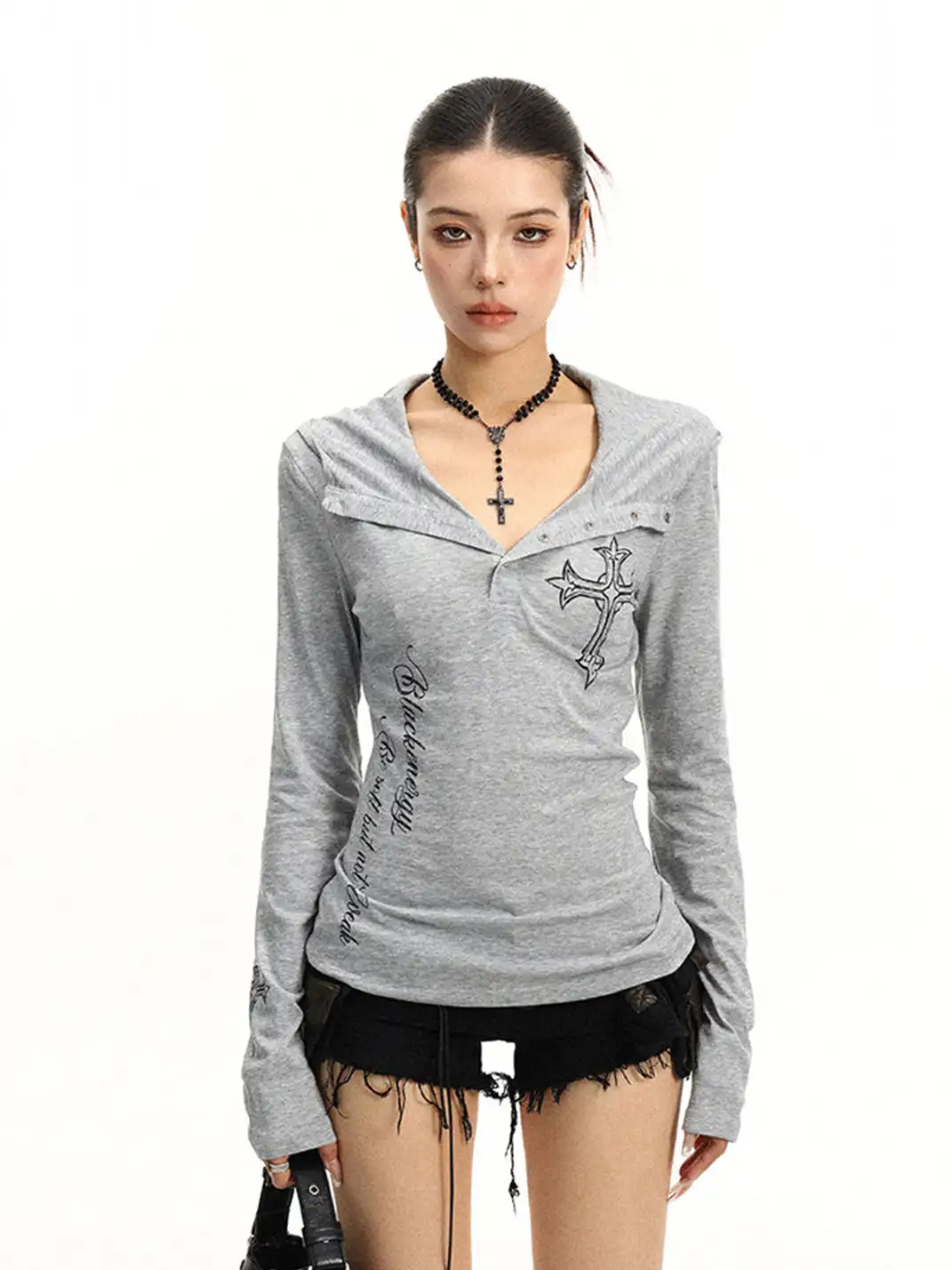 BIGGOLD | Henley Neck Cross Printed Sun Protection Long Sleeve T-Shirt
