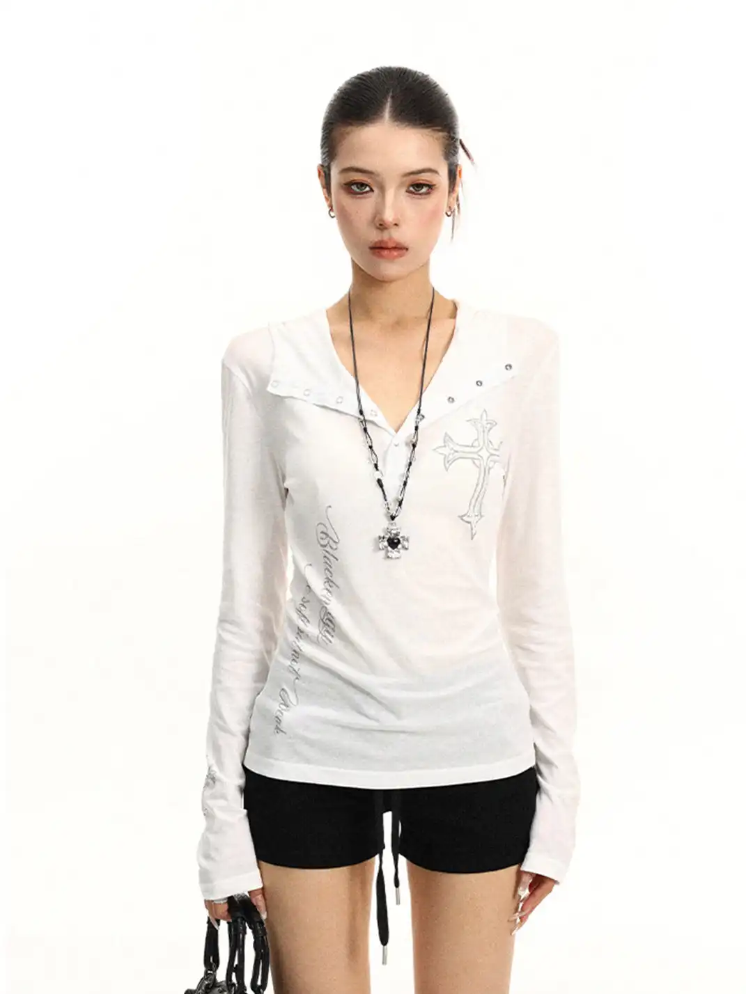 BIGGOLD | Henley Neck Cross Printed Sun Protection Long Sleeve T-Shirt