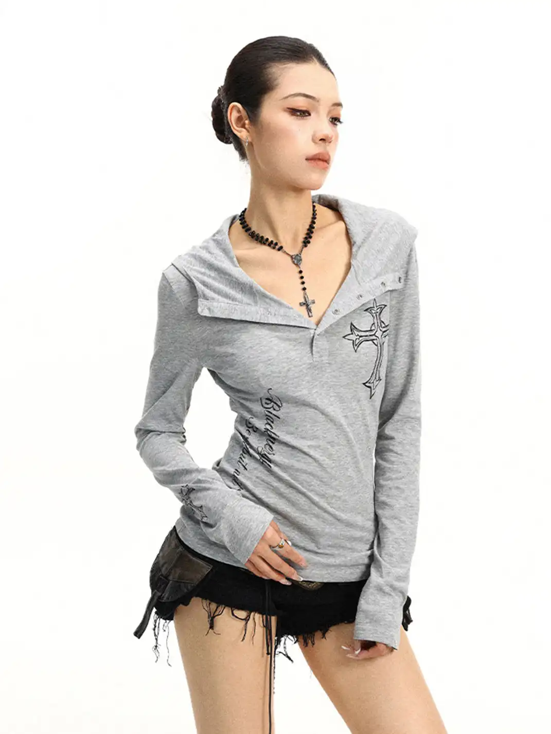 BIGGOLD | Henley Neck Cross Printed Sun Protection Long Sleeve T-Shirt