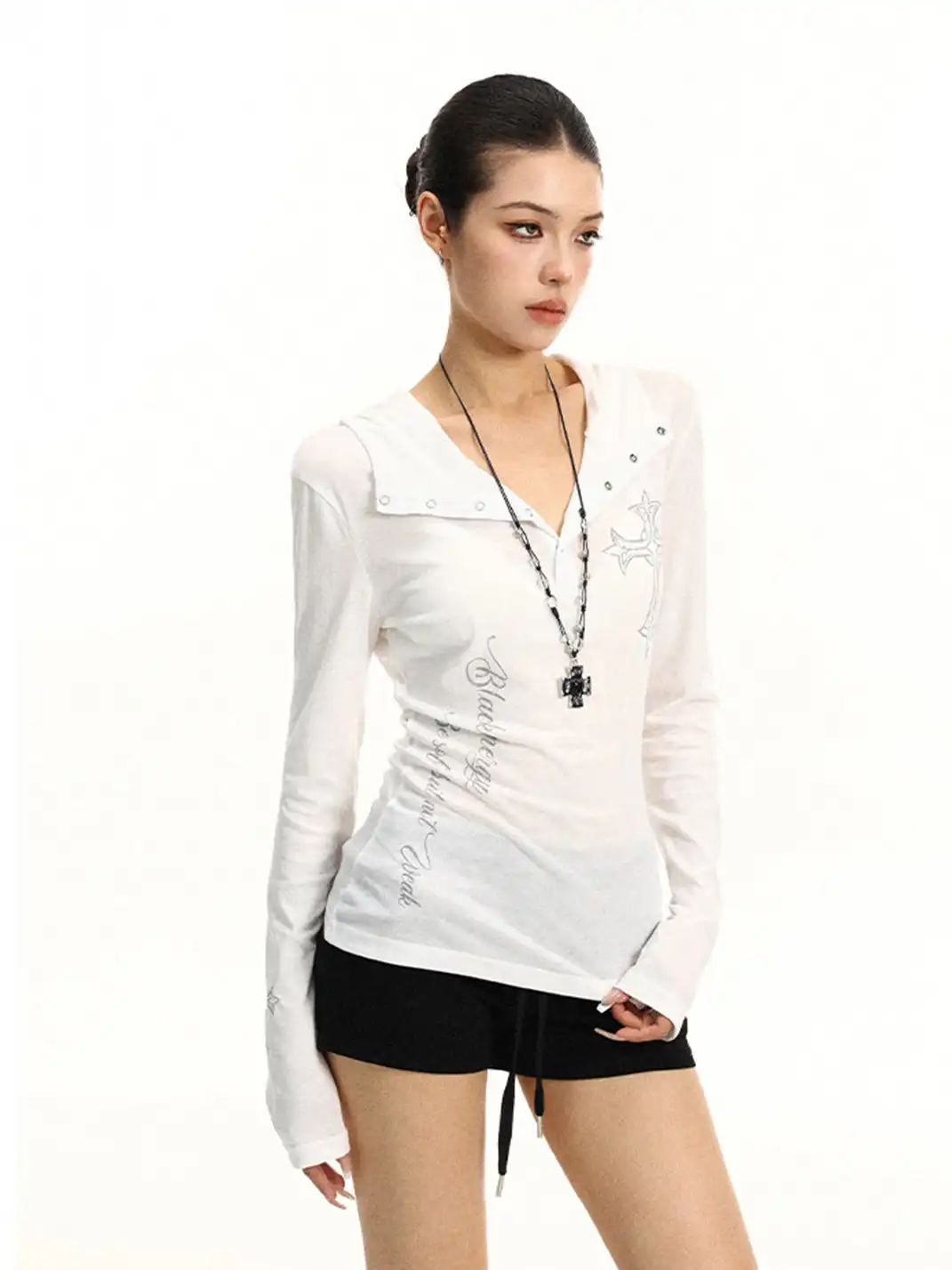 BIGGOLD | Henley Neck Cross Printed Sun Protection Long Sleeve T-Shirt