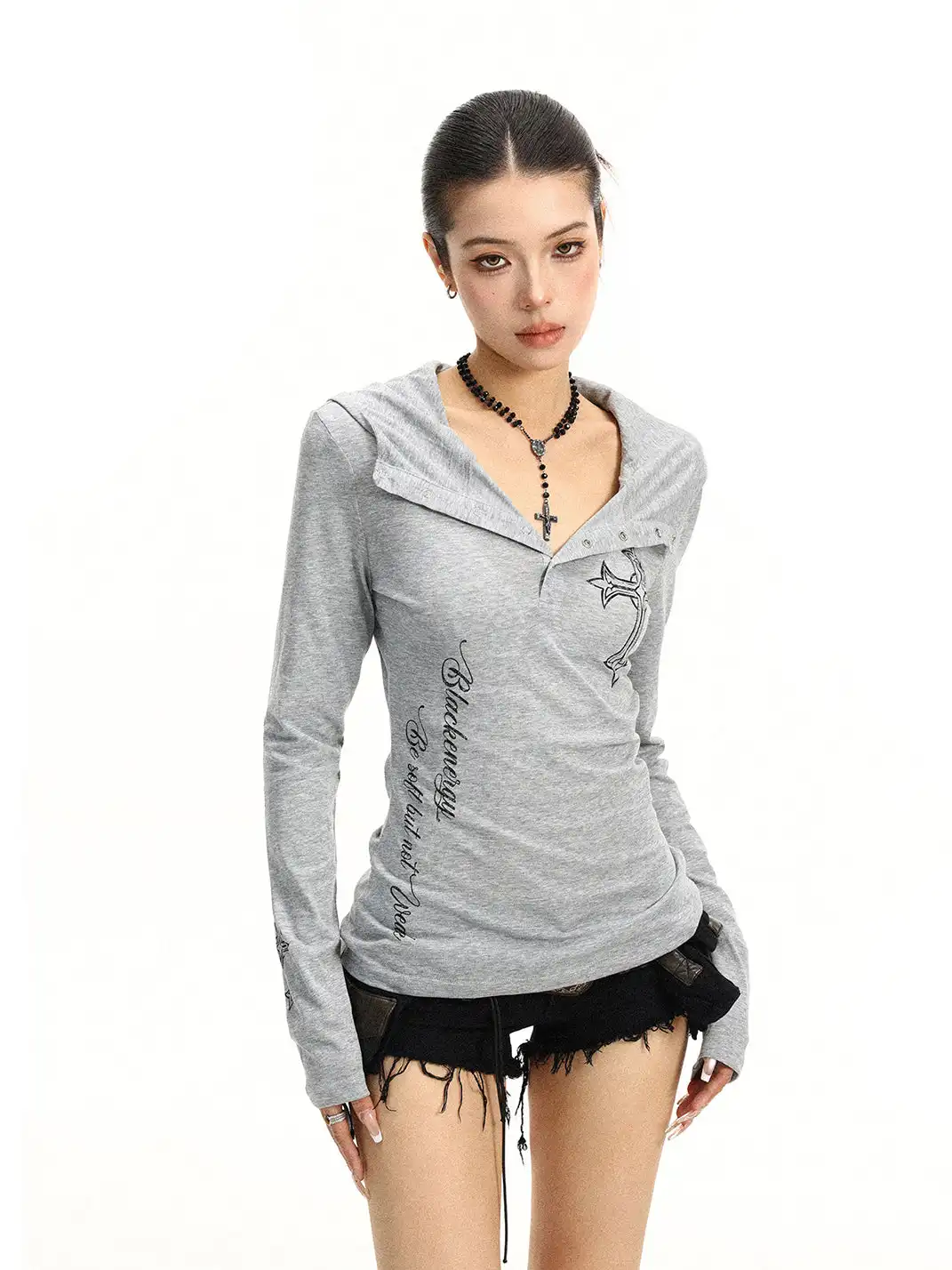 BIGGOLD | Henley Neck Cross Printed Sun Protection Long Sleeve T-Shirt