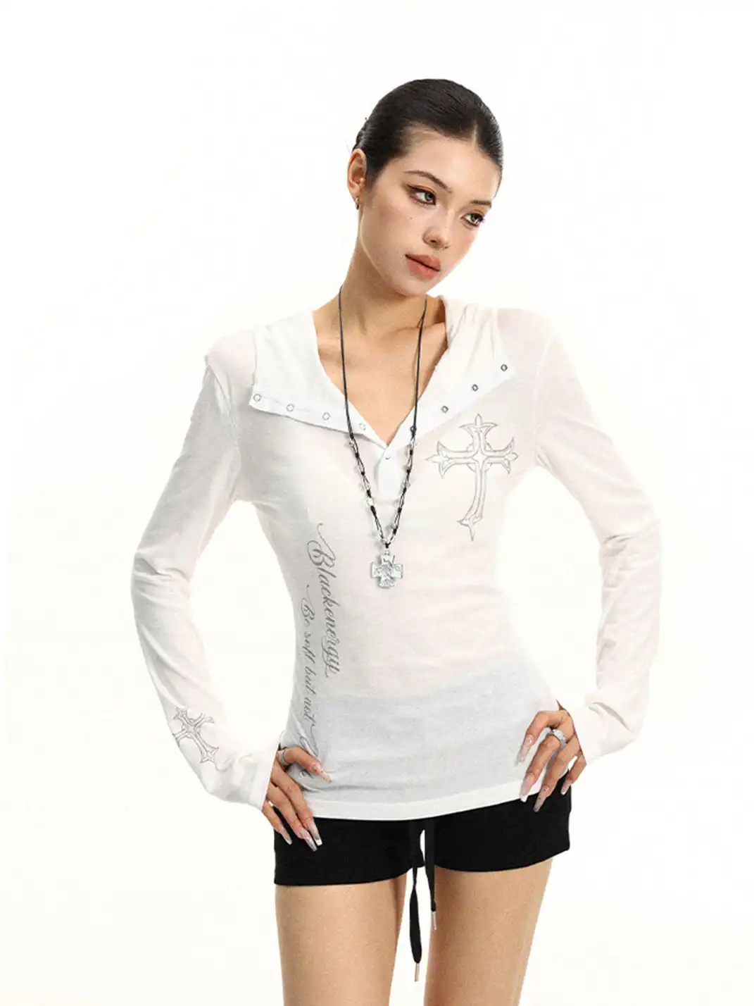 BIGGOLD | Henley Neck Cross Printed Sun Protection Long Sleeve T-Shirt