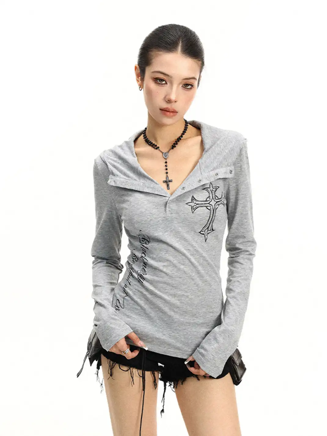 BIGGOLD | Henley Neck Cross Printed Sun Protection Long Sleeve T-Shirt