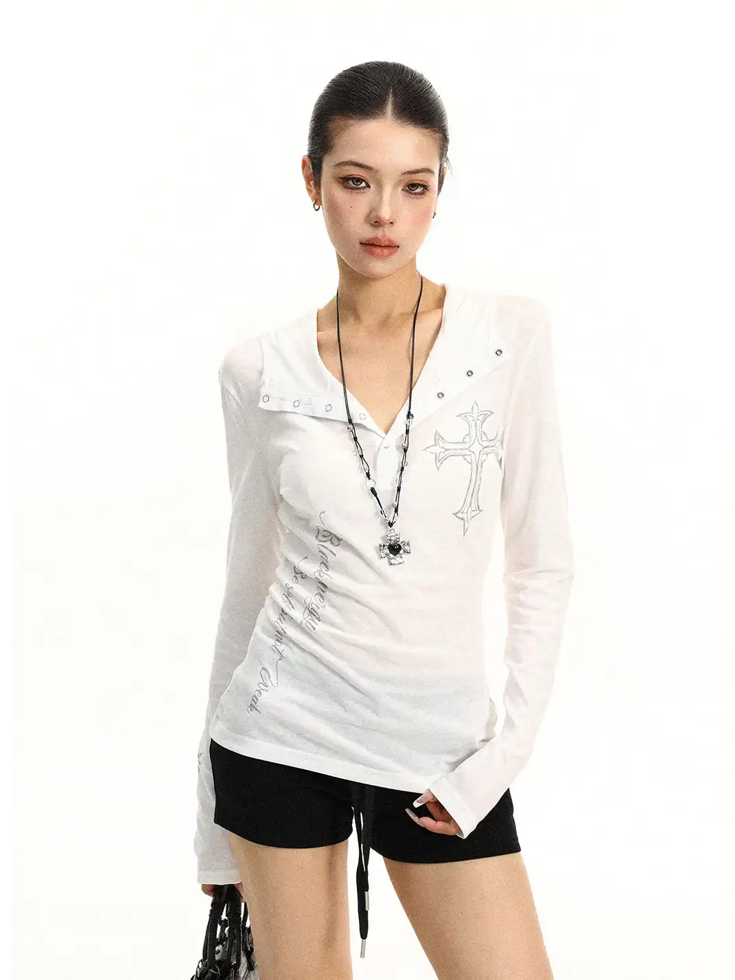 BIGGOLD | Henley Neck Cross Printed Sun Protection Long Sleeve T-Shirt