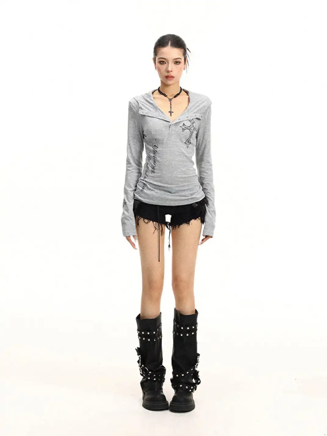 BIGGOLD | Henley Neck Cross Printed Sun Protection Long Sleeve T-Shirt