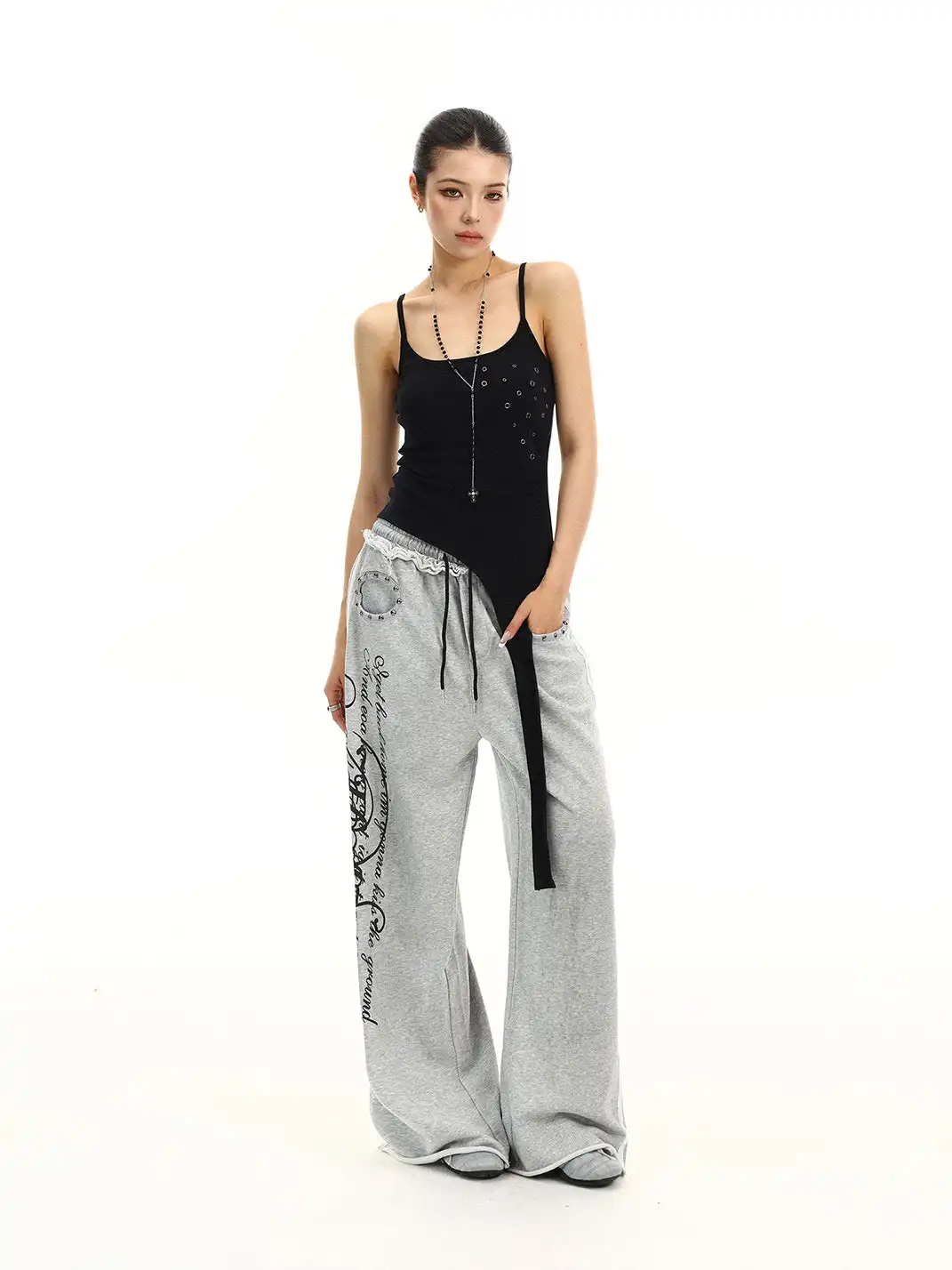 BIGGOLD | Rivet Fake Two-Piece Double Waist Letter Printed Sweatpants