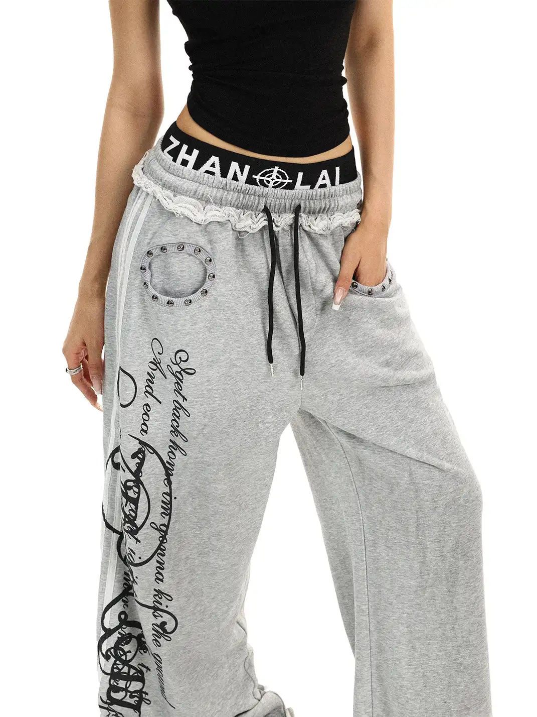 BIGGOLD | Rivet Fake Two-Piece Double Waist Letter Printed Sweatpants