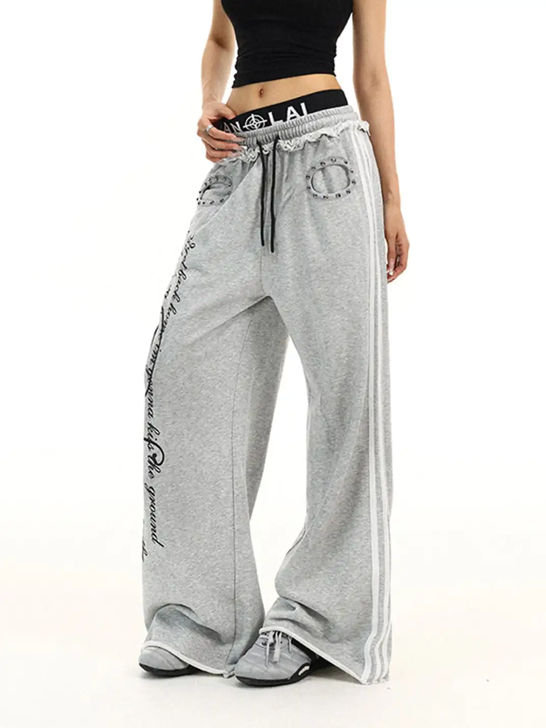BIGGOLD | Rivet Fake Two-Piece Double Waist Letter Printed Sweatpants