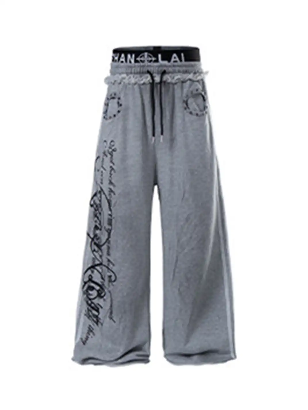 BIGGOLD | Rivet Fake Two-Piece Double Waist Letter Printed Sweatpants