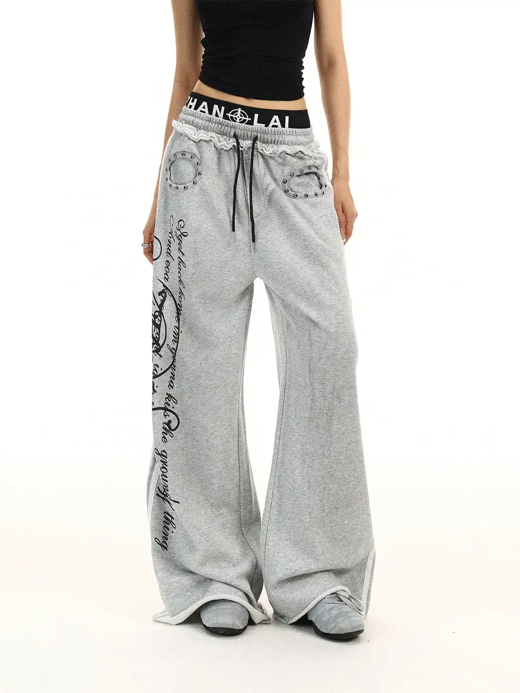 BIGGOLD | Rivet Fake Two-Piece Double Waist Letter Printed Sweatpants